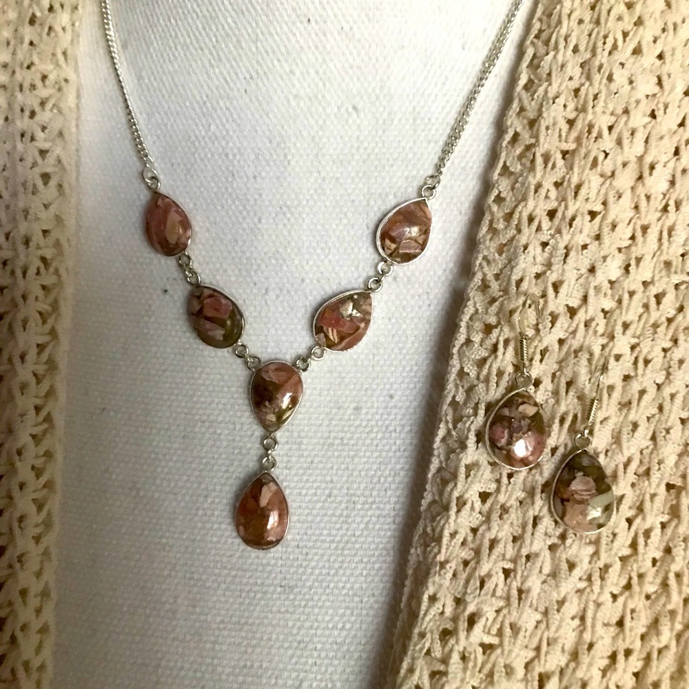 NEW Copper Rhodochrosite 925 Silver Necklace & Ear - Picture 3 of 6
